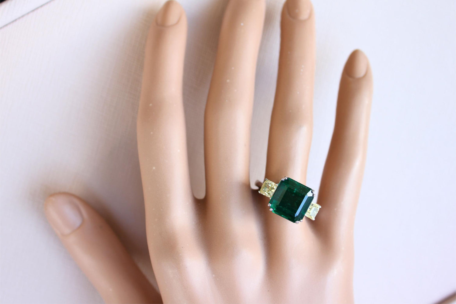 Square Cut Emerald Yellow Cushion Shape Diamonds Two Stone 18K White Gold Ring
