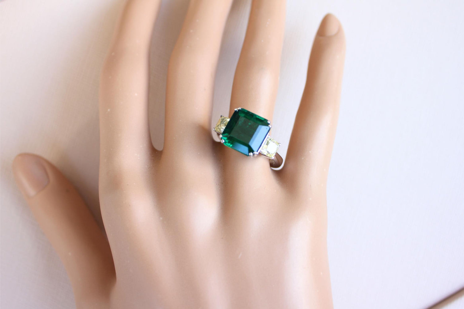 Square Cut Emerald Yellow Cushion Shape Diamonds Two Stone 18K White Gold Ring