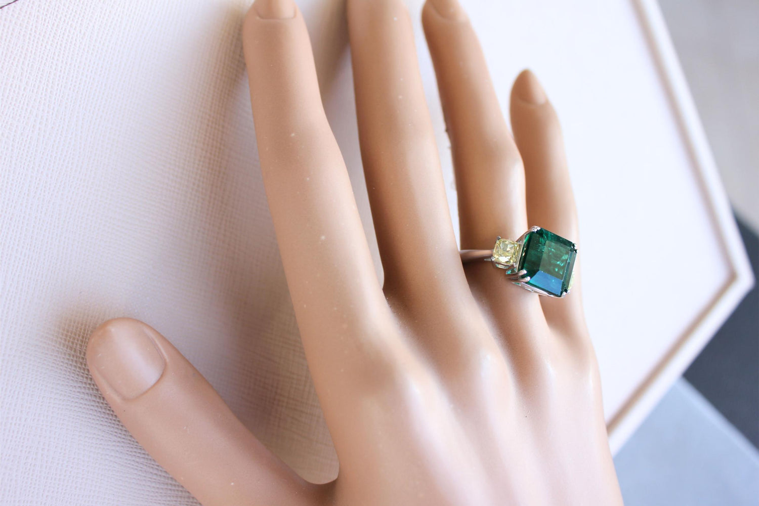 Square Cut Emerald Yellow Cushion Shape Diamonds Two Stone 18K White Gold Ring