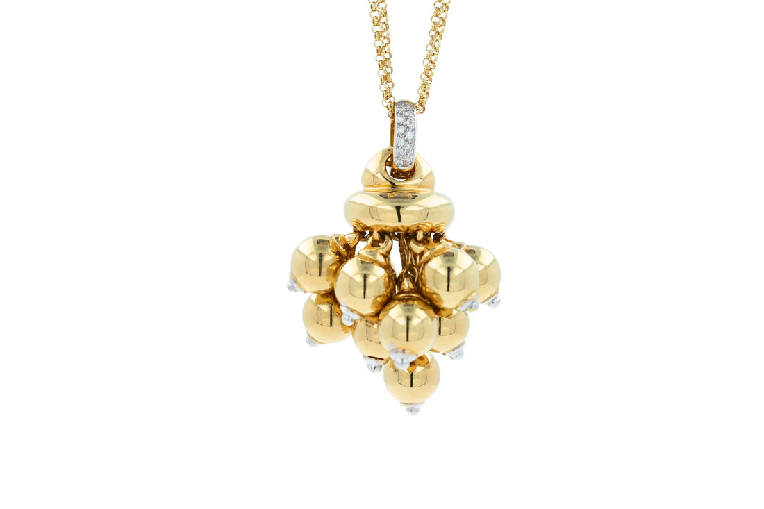 Diamonds Golden Spheres Gold Balls Geometric Bells Motif 18K Gold Necklace
