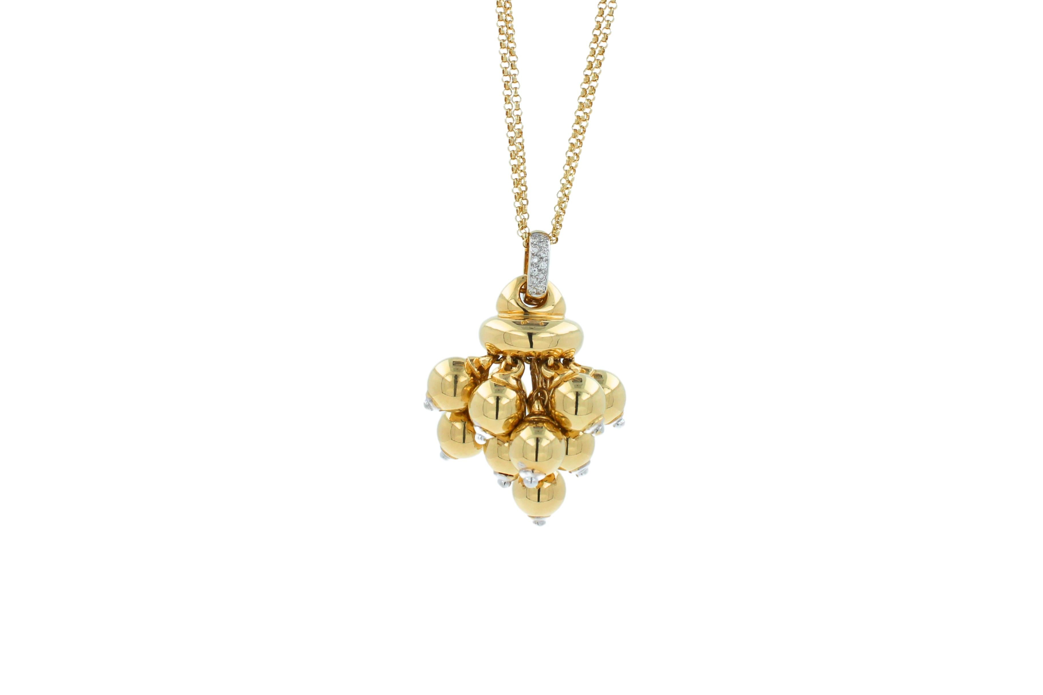 Diamonds Golden Spheres Gold Balls Geometric Bells Motif 18K Gold Necklace
