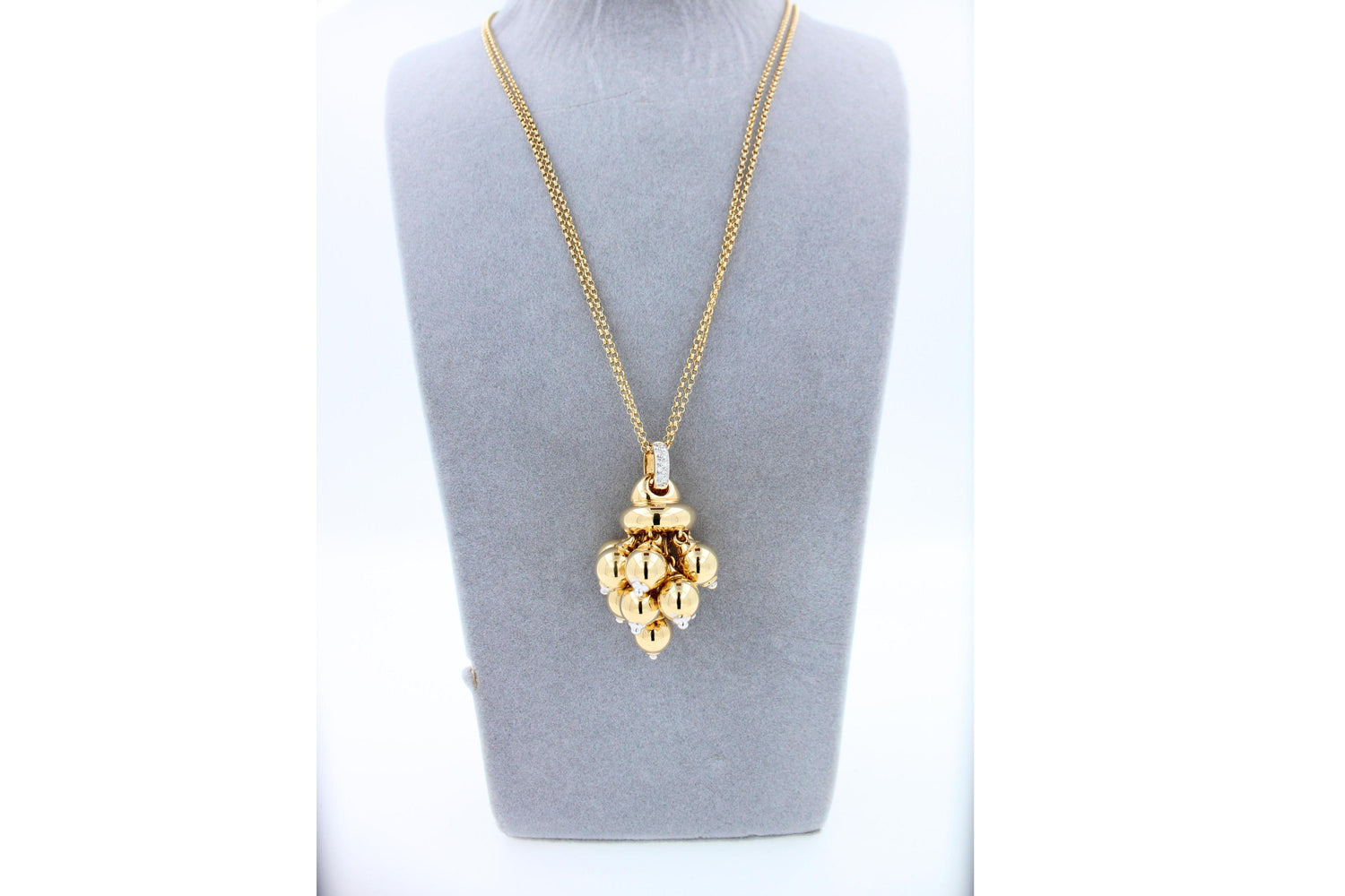 Diamonds Golden Spheres Gold Balls Geometric Bells Motif 18K Gold Necklace