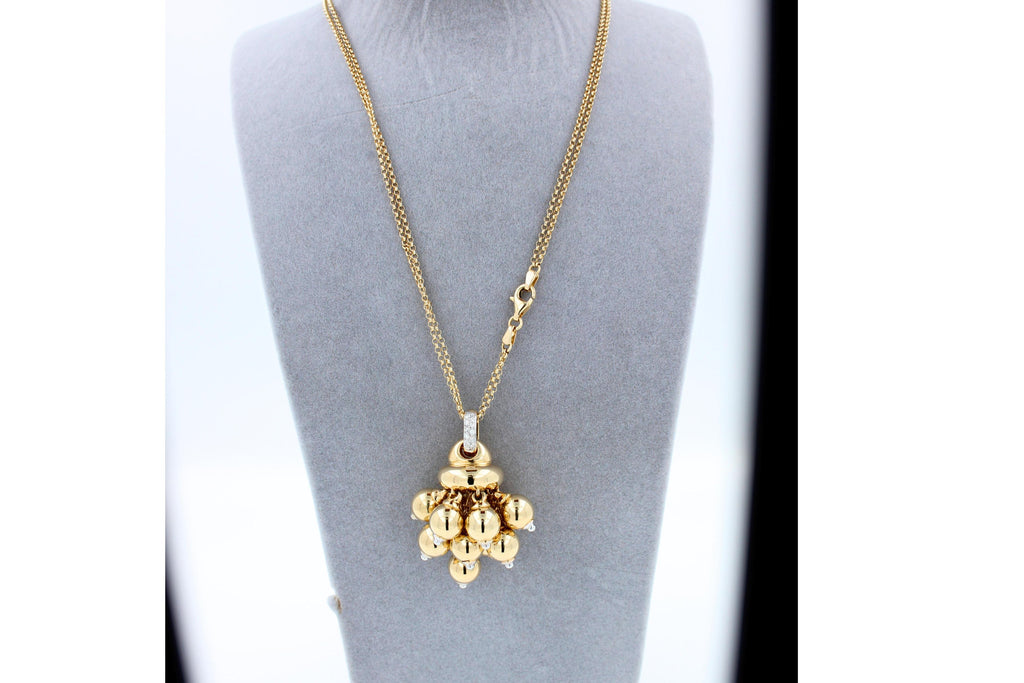 Diamonds Golden Spheres Gold Balls Geometric Bells Motif 18K Gold Necklace
