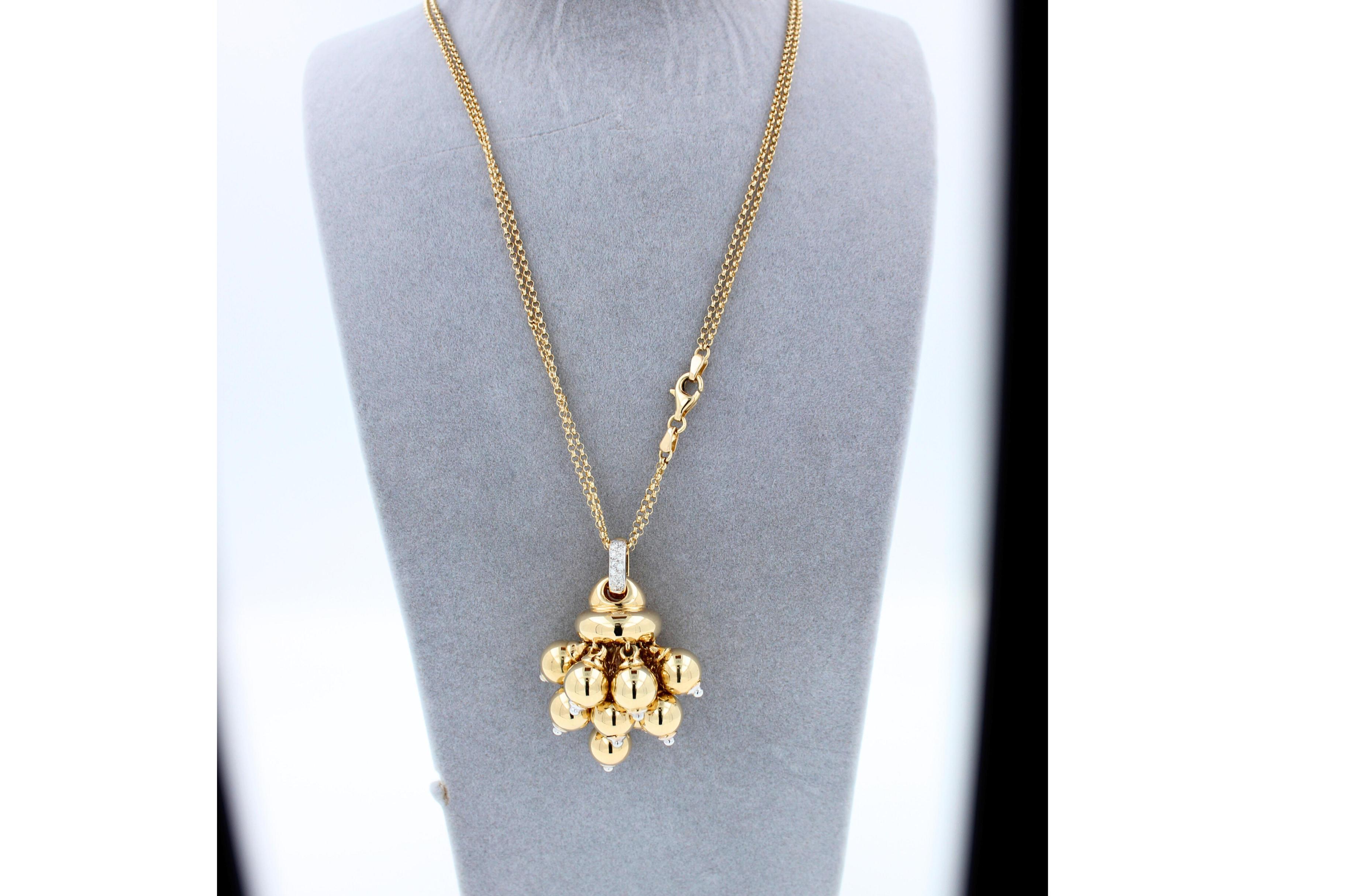 Diamonds Golden Spheres Gold Balls Geometric Bells Motif 18K Gold Necklace
