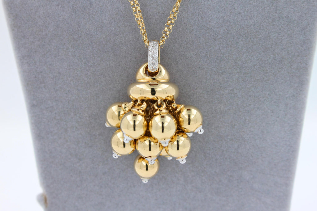 Diamonds Golden Spheres Gold Balls Geometric Bells Motif 18K Gold Necklace