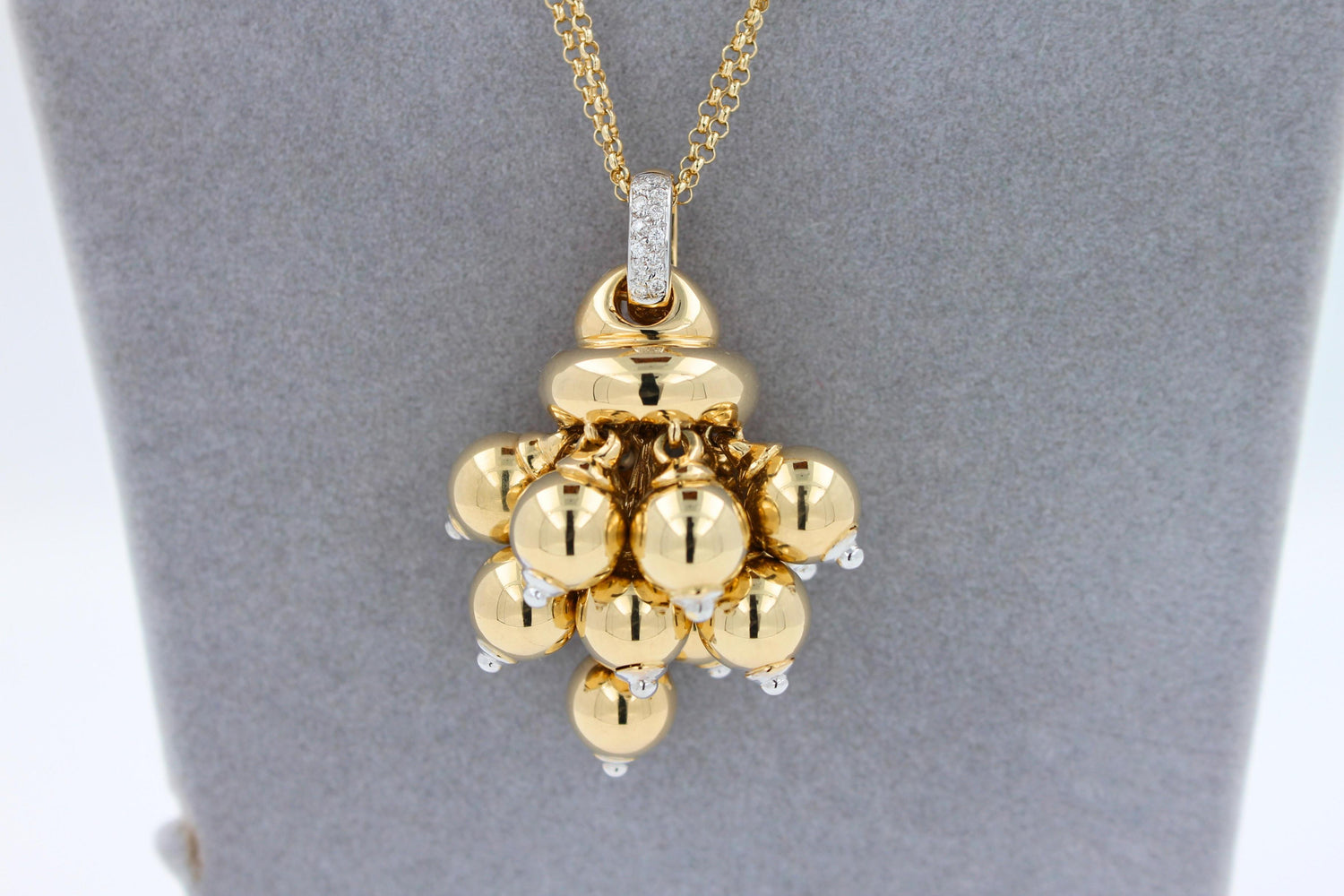 Diamonds Golden Spheres Gold Balls Geometric Bells Motif 18K Gold Necklace