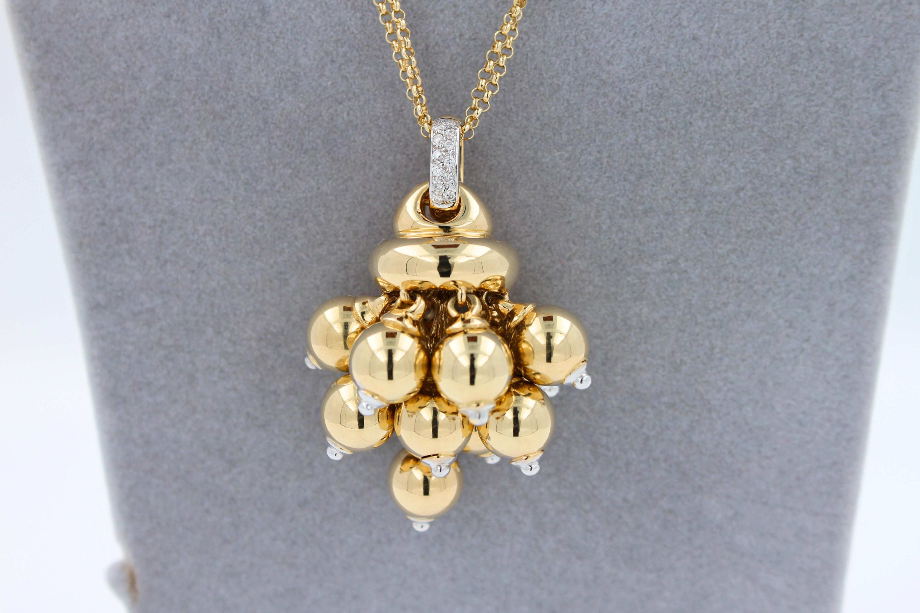 Diamonds Golden Spheres Gold Balls Geometric Bells Motif 18K Gold Necklace