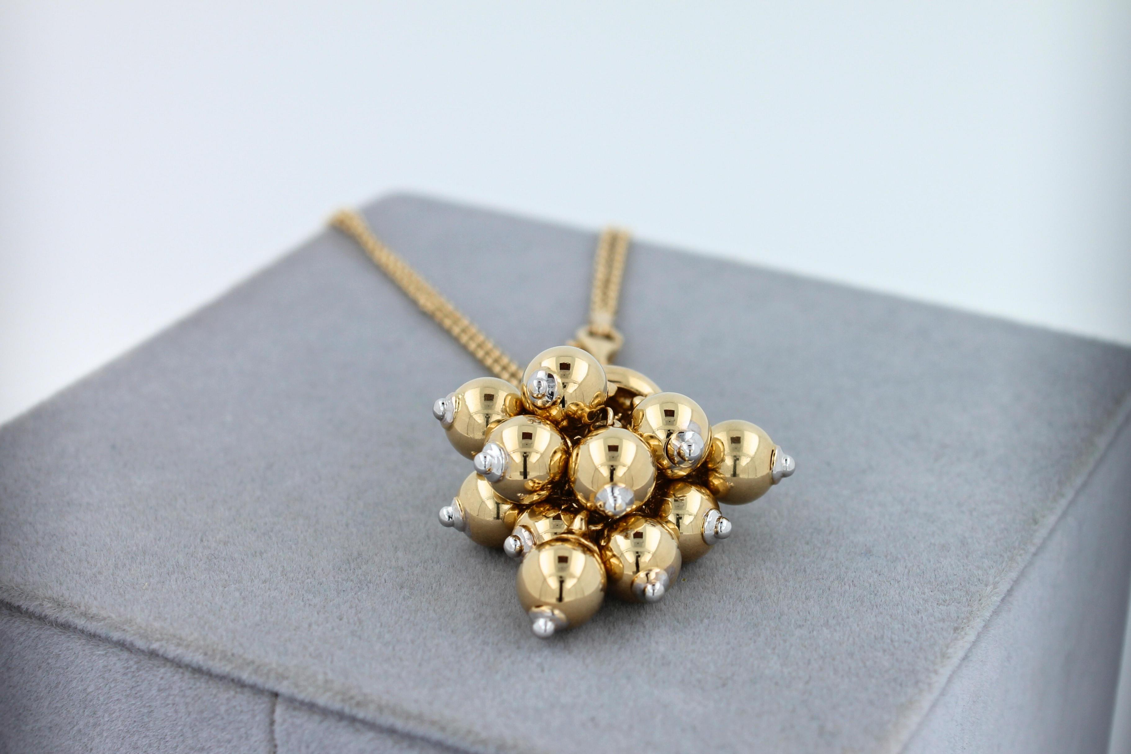 Diamonds Golden Spheres Gold Balls Geometric Bells Motif 18K Gold Necklace