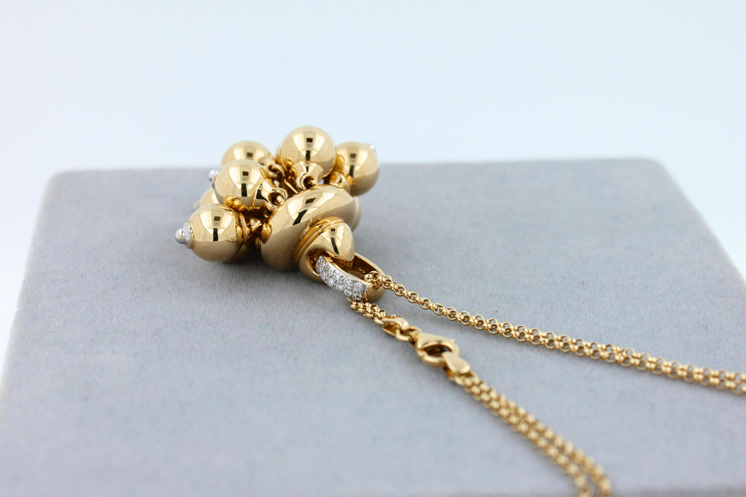 Diamonds Golden Spheres Gold Balls Geometric Bells Motif 18K Gold Necklace