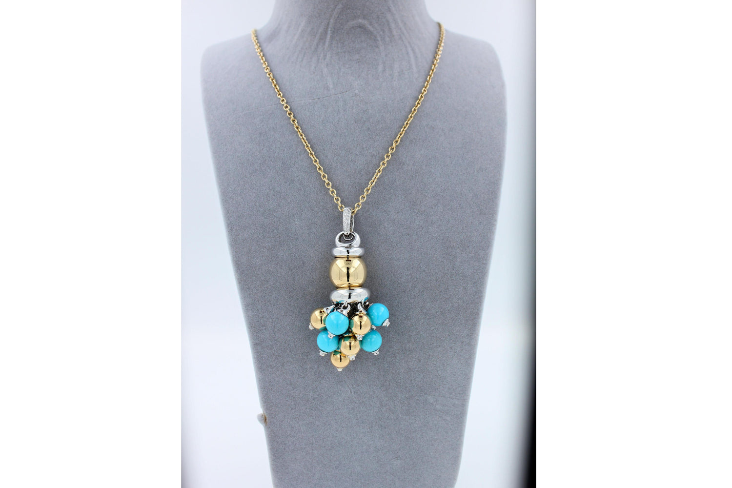 Blue Turquoise Diamonds Golden Sphere Bells Motif Two Tone Gold Pendant Necklace