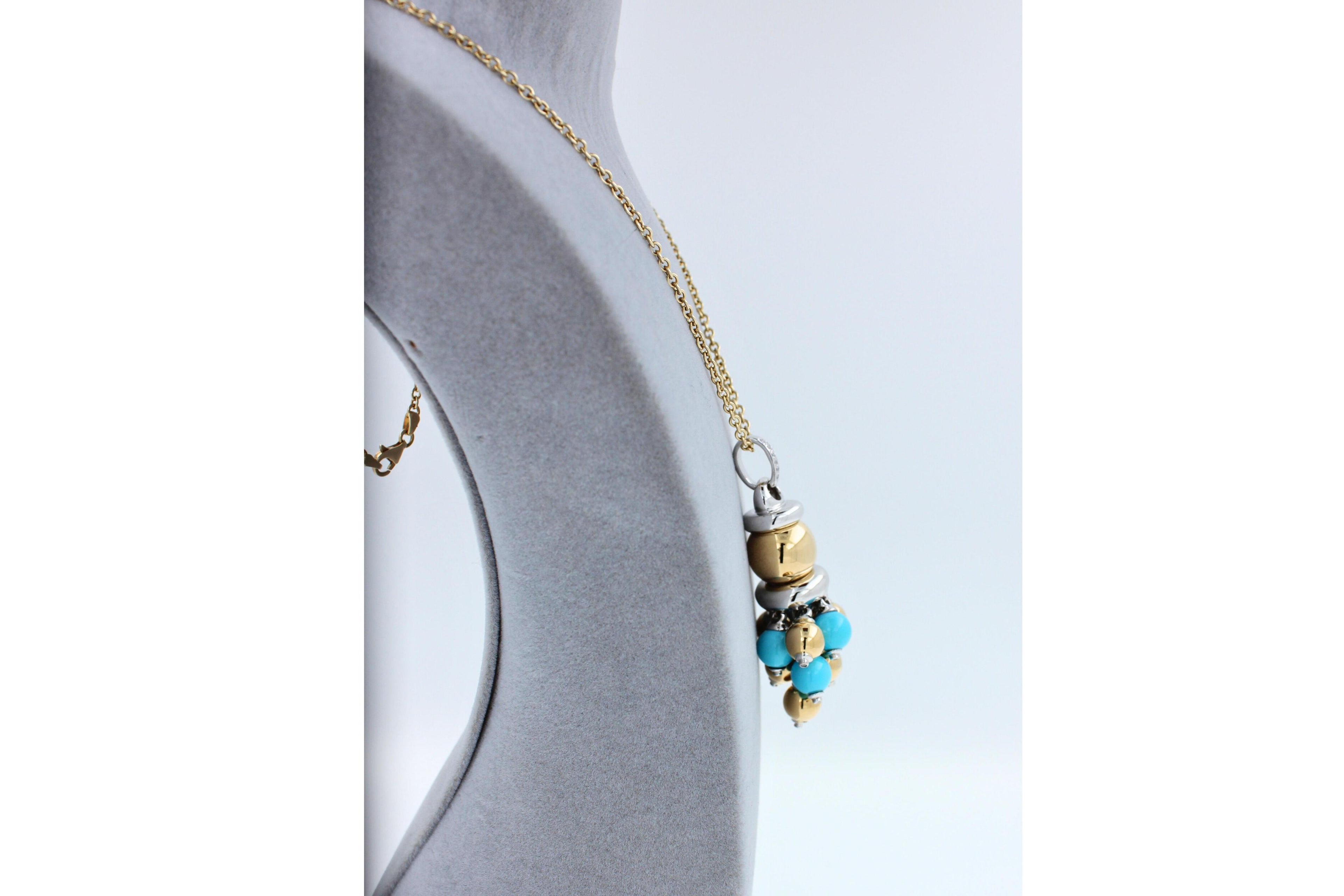 Blue Turquoise Diamonds Golden Sphere Bells Motif Two Tone Gold Pendant Necklace