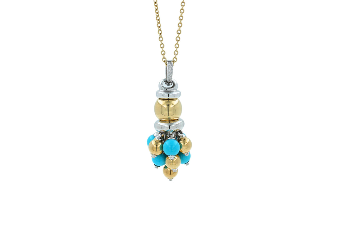 Blue Turquoise Diamonds Golden Sphere Bells Motif Two Tone Gold Pendant Necklace