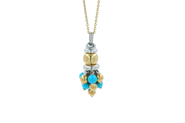 Blue Turquoise Diamonds Golden Sphere Bells Motif Two Tone Gold Pendant Necklace