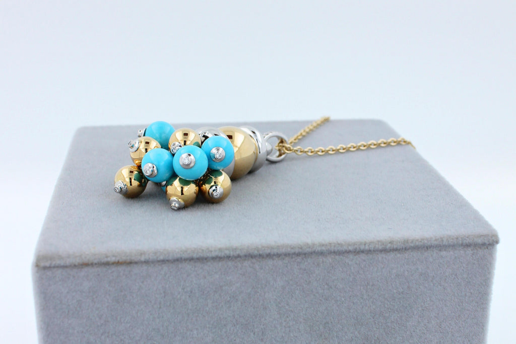 Blue Turquoise Diamonds Golden Sphere Bells Motif Two Tone Gold Pendant Necklace