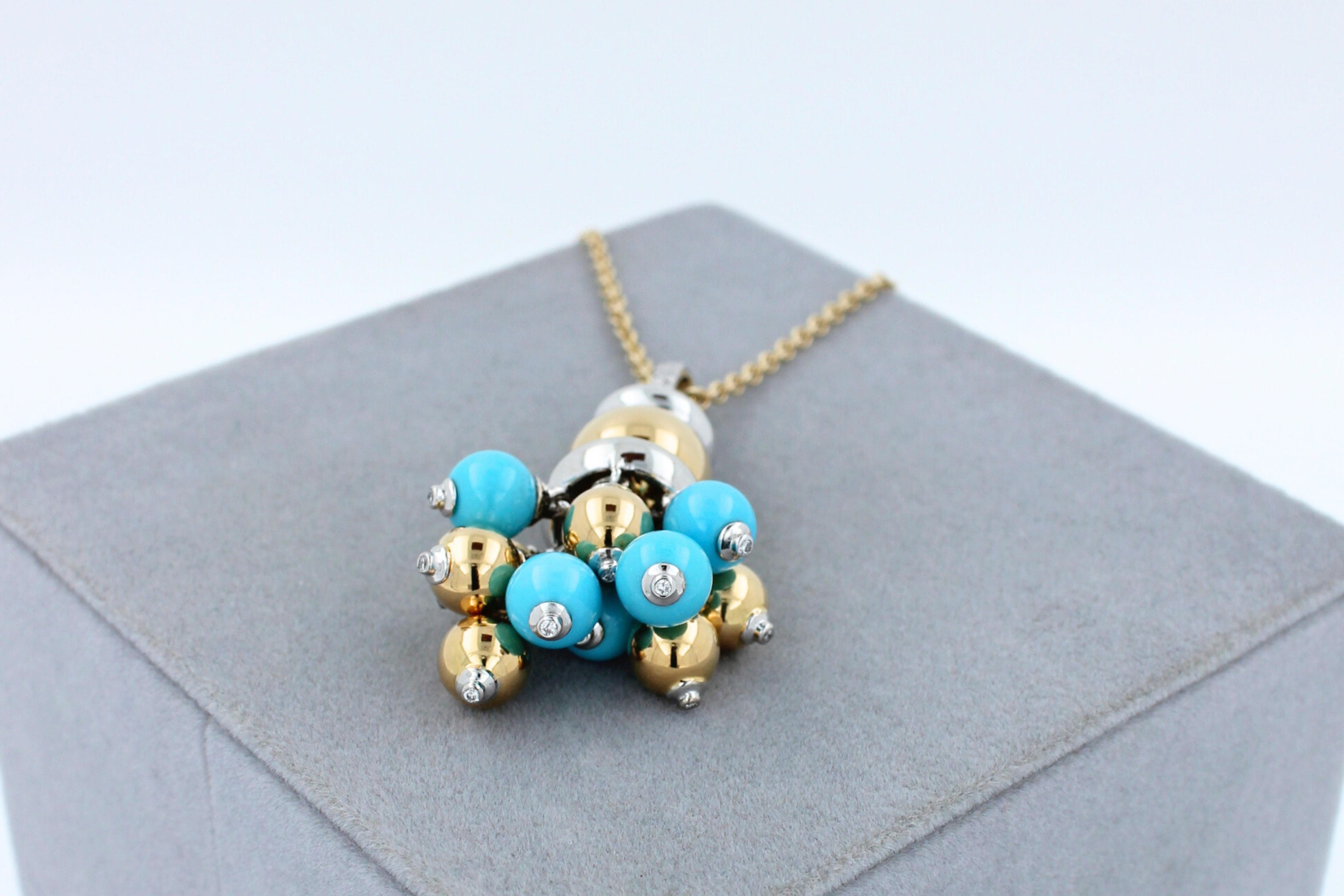 Blue Turquoise Diamonds Golden Sphere Bells Motif Two Tone Gold Pendant Necklace