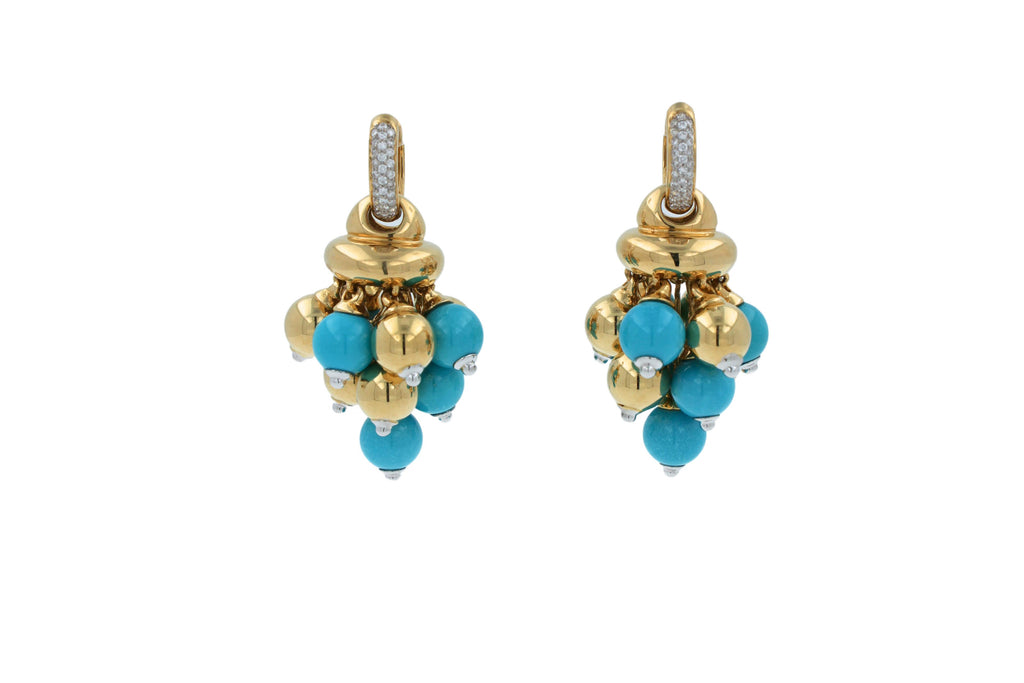 Blue Turquoise Diamonds Golden Sphere Bells Motif Two Tone Gold Huggie Earrings