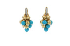 Blue Turquoise Diamonds Golden Sphere Bells Motif Two Tone Gold Huggie Earrings