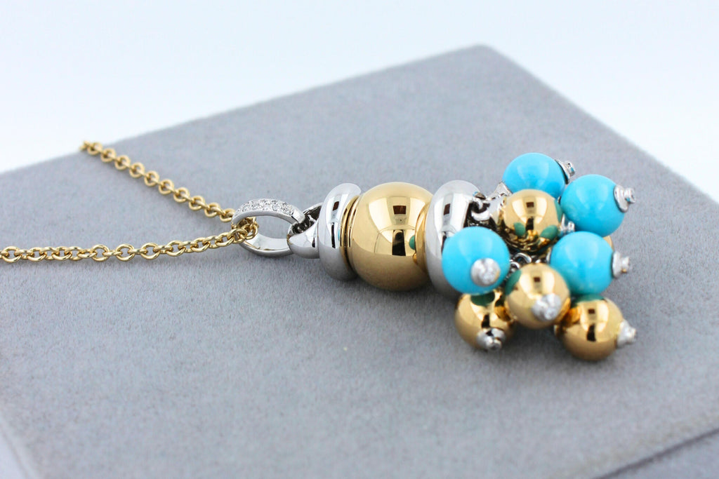 Blue Turquoise Diamonds Golden Sphere Bells Motif Two Tone Gold Pendant Necklace