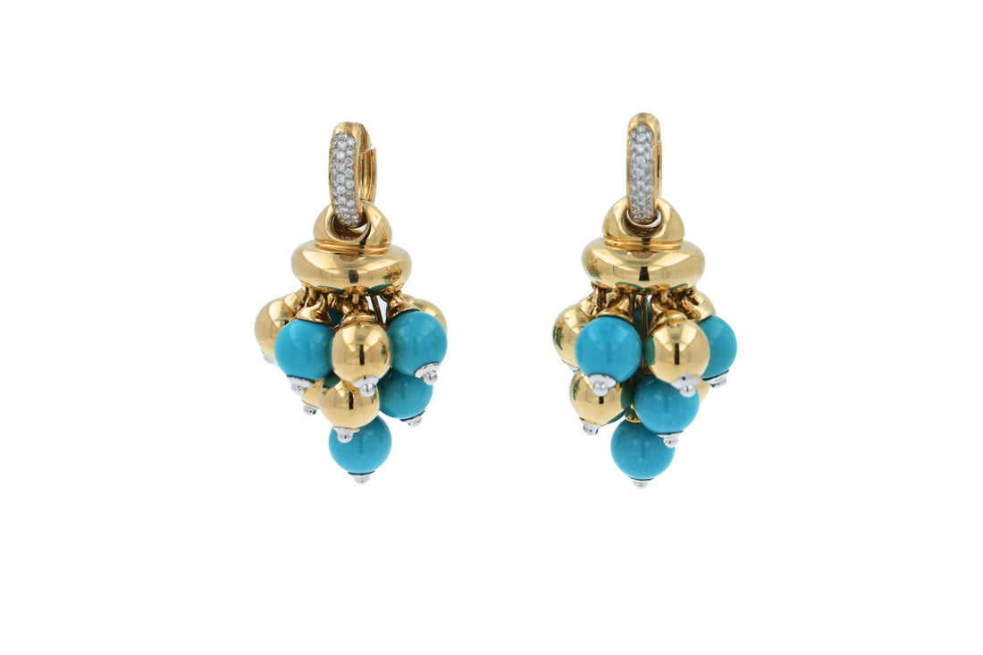 Blue Turquoise Diamonds Golden Sphere Bells Motif Two Tone Gold Huggie Earrings