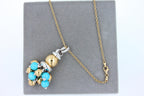 Blue Turquoise Diamonds Golden Sphere Bells Motif Two Tone Gold Pendant Necklace