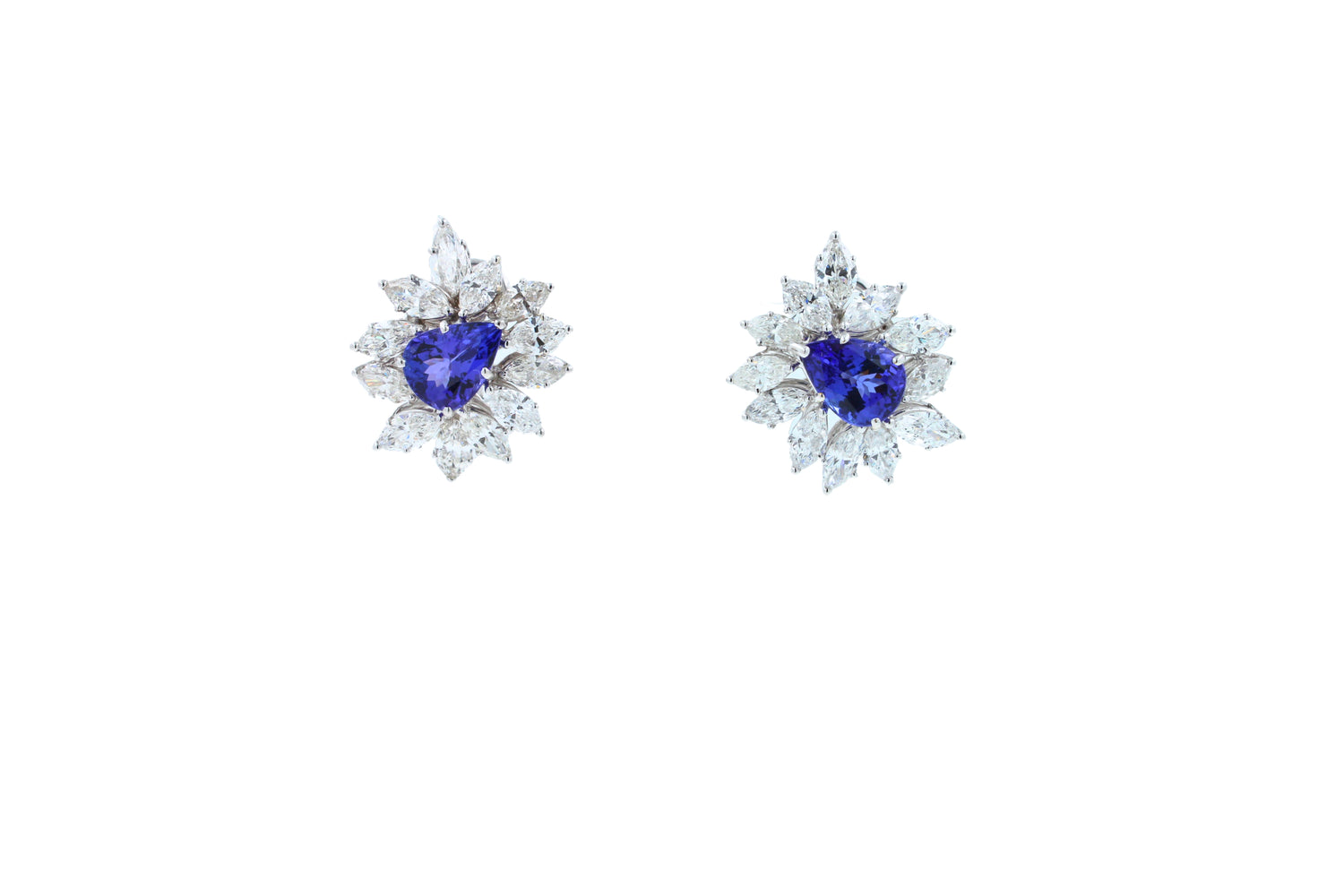 Rare Blue Tanzanite Fancy Pear Shape Marquise Diamonds 18K White Gold Earrings