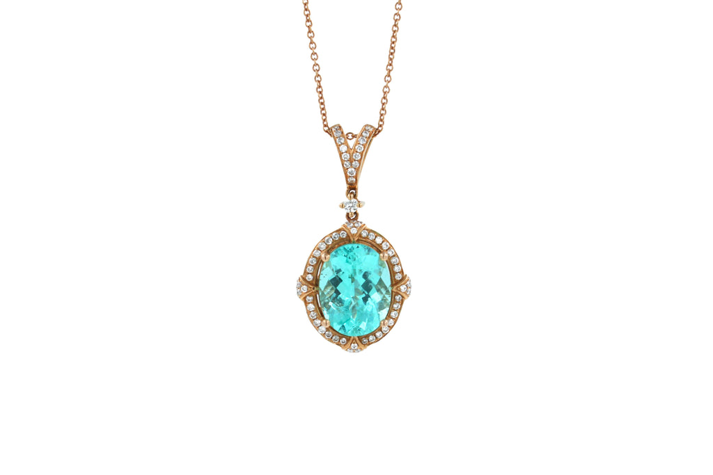 Teal Paraiba Tourmaline Diamond Halo Unique 18 Karat Rose Gold Pendant Necklace