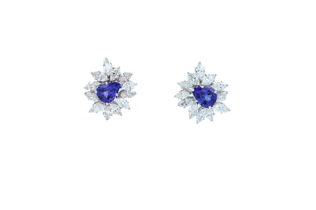 Rare Blue Tanzanite Fancy Pear Shape Marquise Diamonds 18K White Gold Earrings