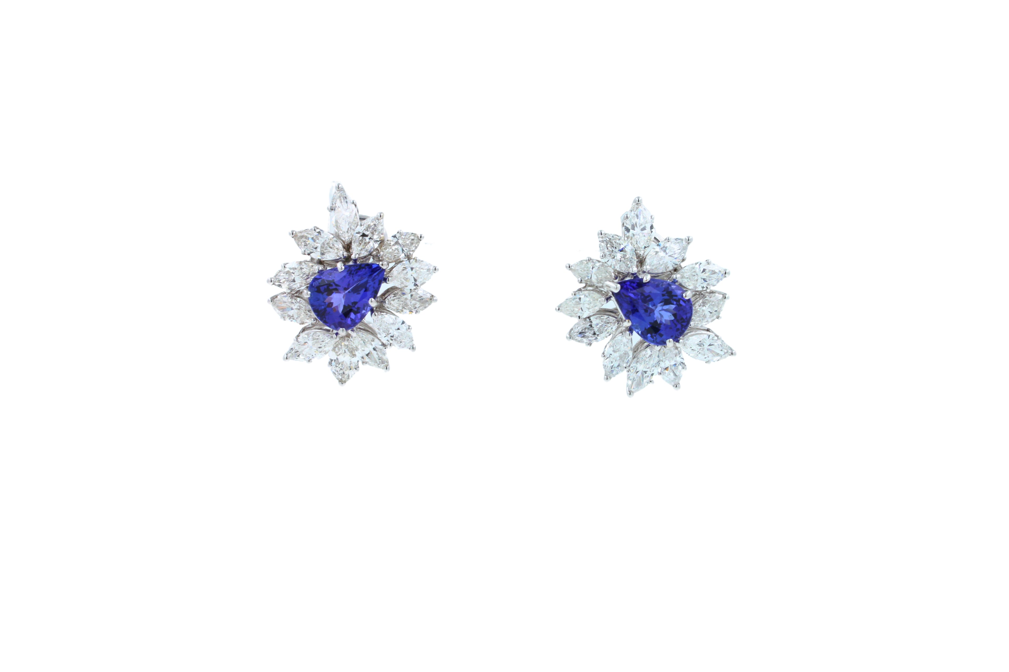 Rare Blue Tanzanite Fancy Pear Shape Marquise Diamonds 18K White Gold Earrings