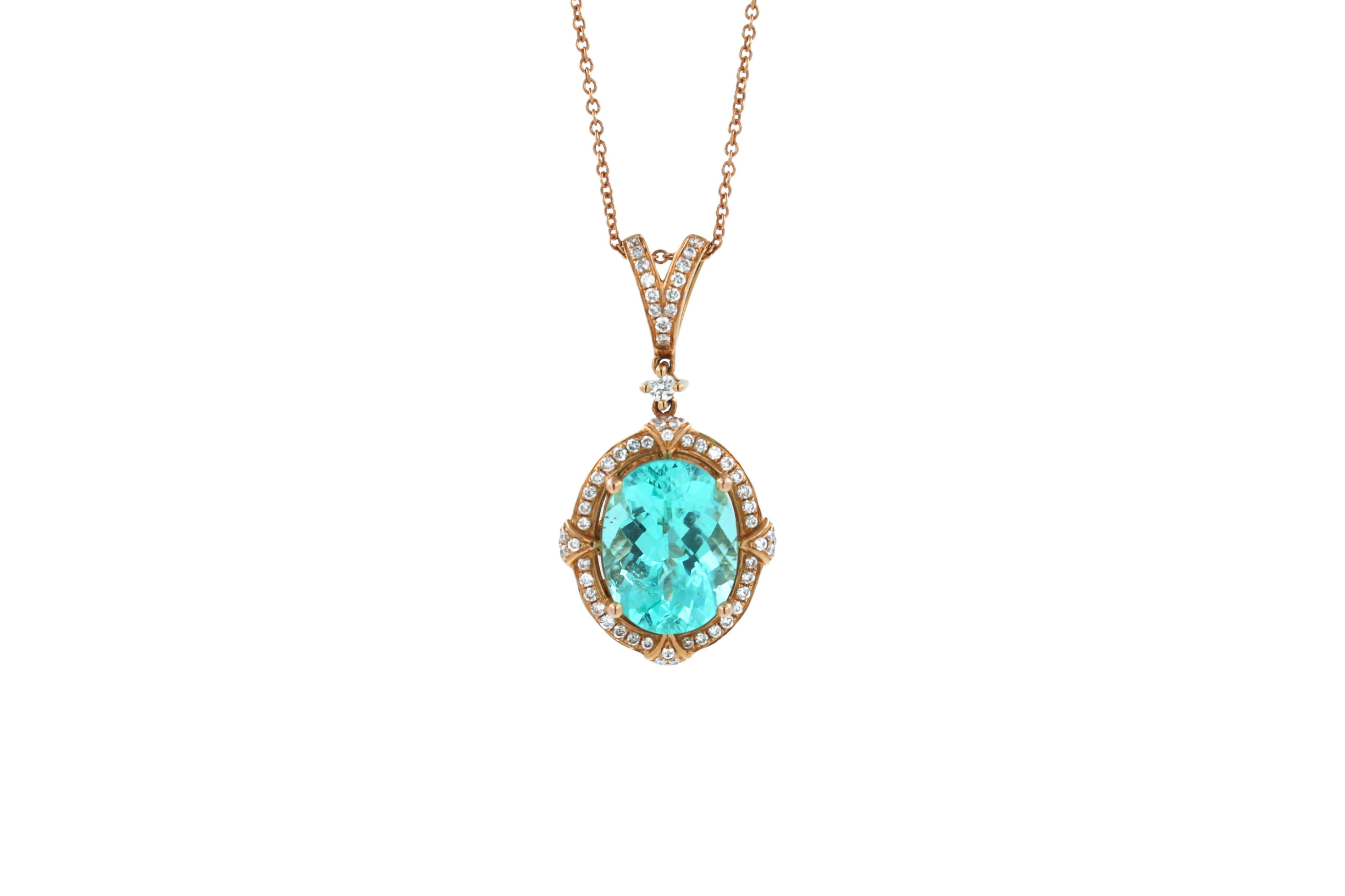 Teal Paraiba Tourmaline Diamond Halo Unique 18 Karat Rose Gold Pendant Necklace