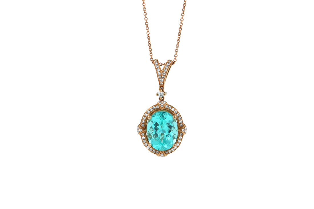 Teal Paraiba Tourmaline Diamond Halo Unique 18 Karat Rose Gold Pendant Necklace