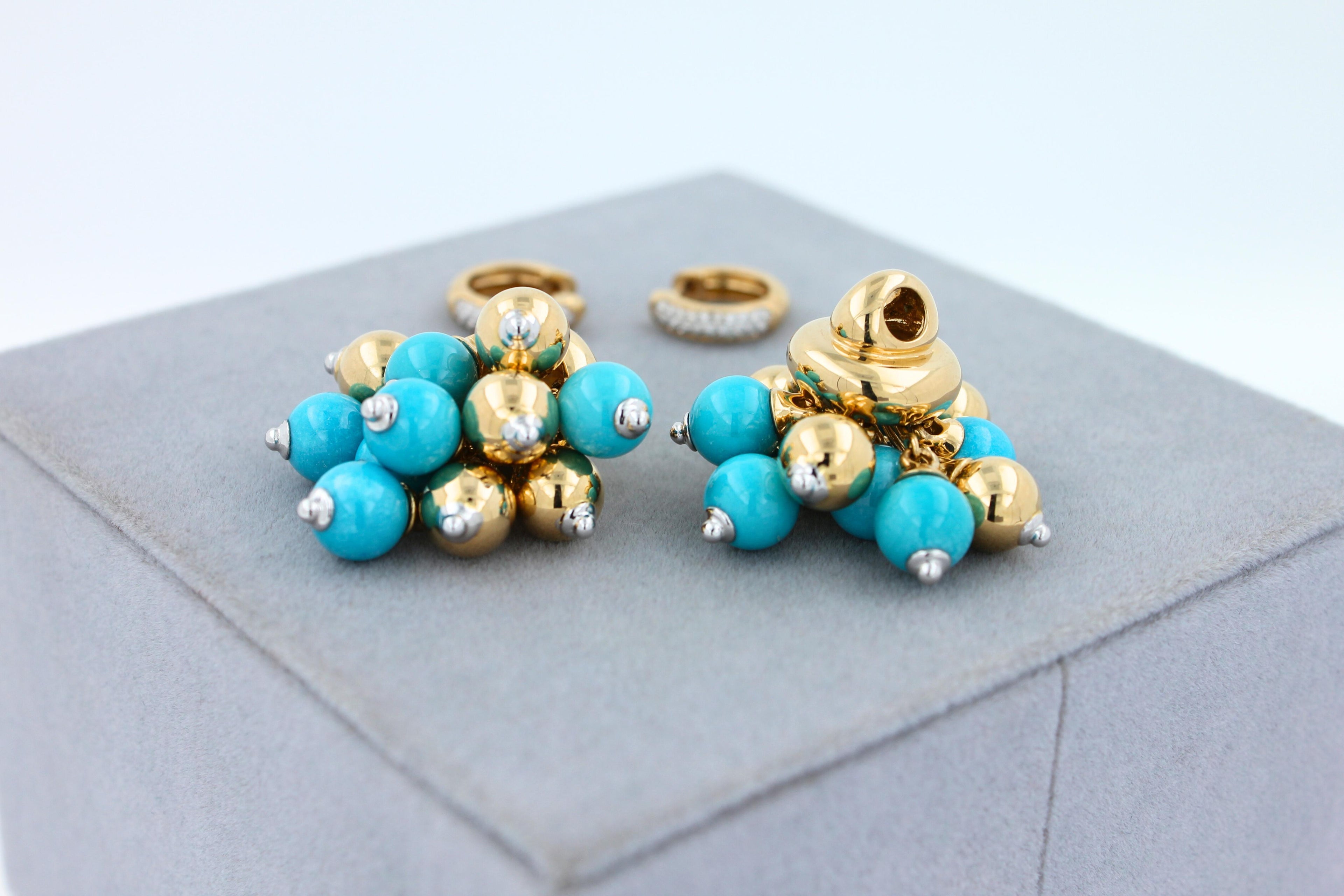 Blue Turquoise Diamonds Golden Sphere Bells Motif Two Tone Gold Huggie Earrings