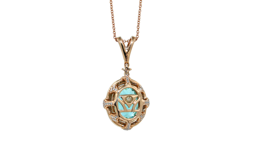 Teal Paraiba Tourmaline Diamond Halo Unique 18 Karat Rose Gold Pendant Necklace