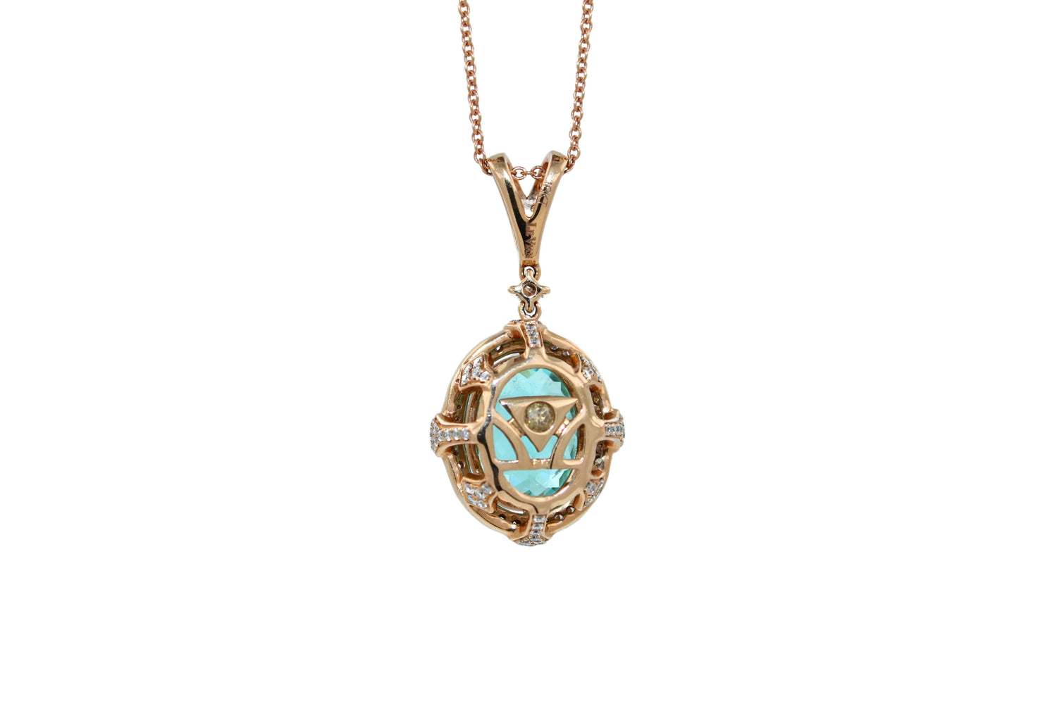 Teal Paraiba Tourmaline Diamond Halo Unique 18 Karat Rose Gold Pendant Necklace