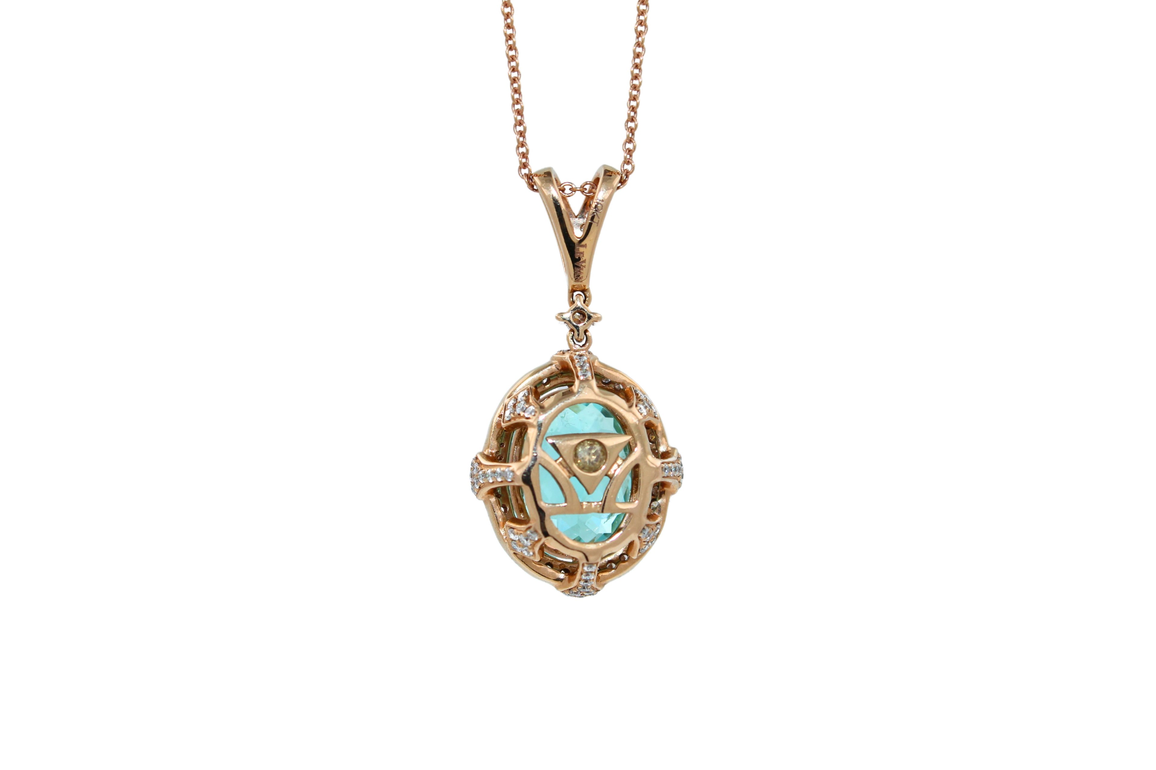 Teal Paraiba Tourmaline Diamond Halo Unique 18 Karat Rose Gold Pendant Necklace