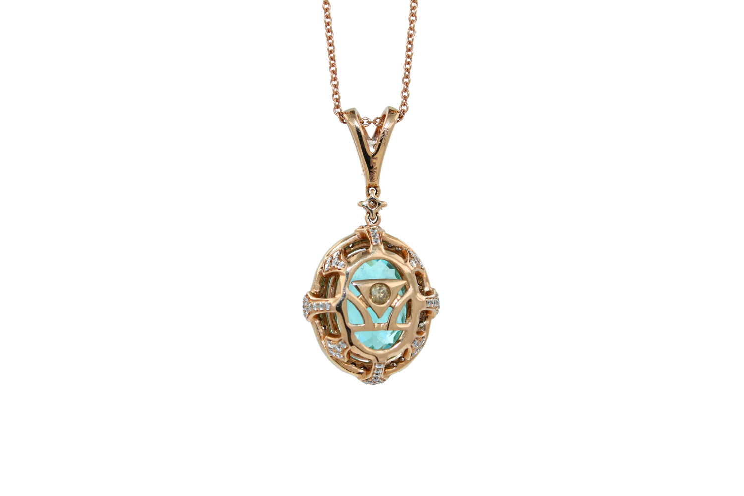 Teal Paraiba Tourmaline Diamond Halo Unique 18 Karat Rose Gold Pendant Necklace