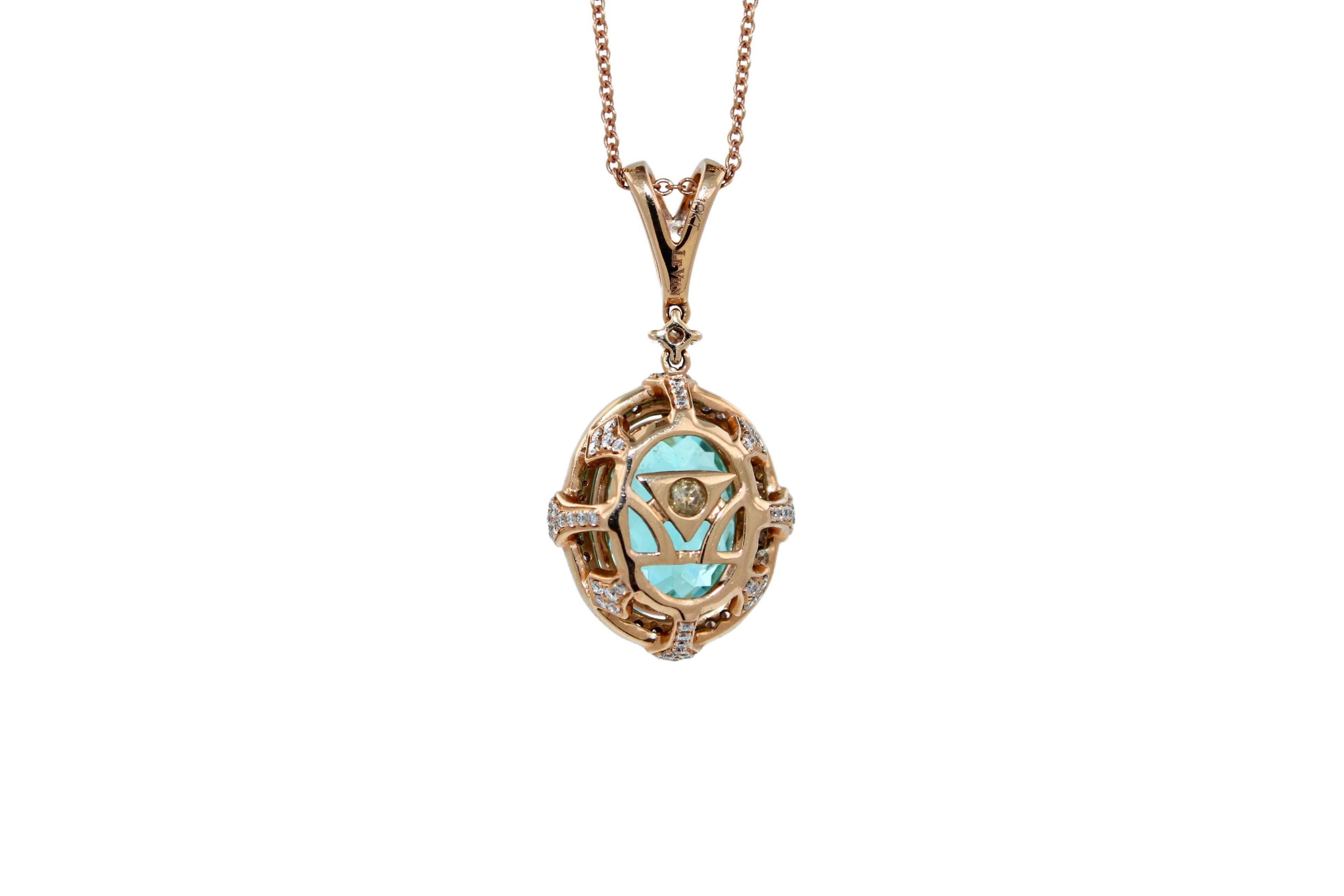 Teal Paraiba Tourmaline Diamond Halo Unique 18 Karat Rose Gold Pendant Necklace