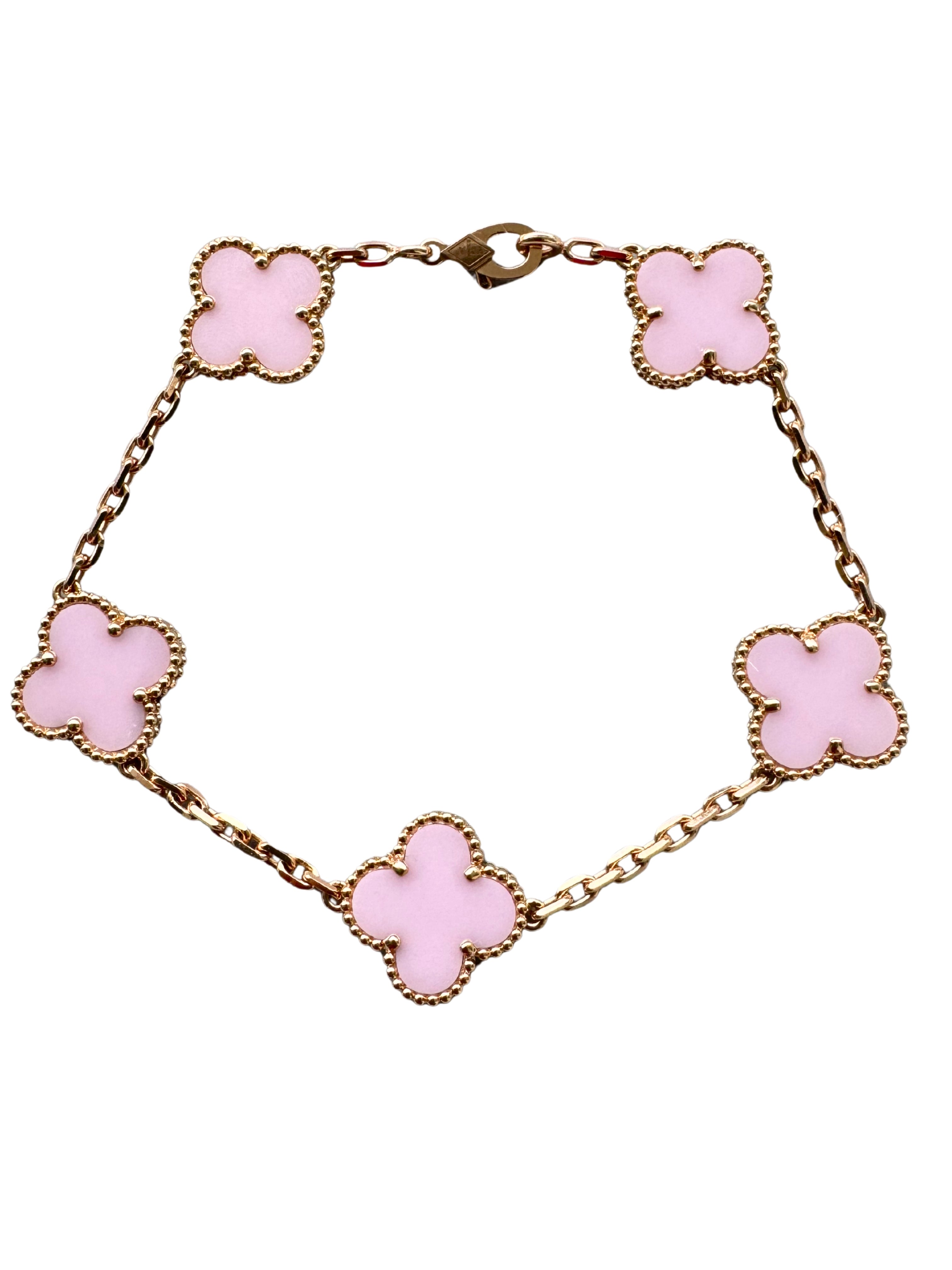 Van Cleef &amp; Arpels Vintage Alhambra Pink Porcelain 5 Motif 18K Rose Gold Bracelet