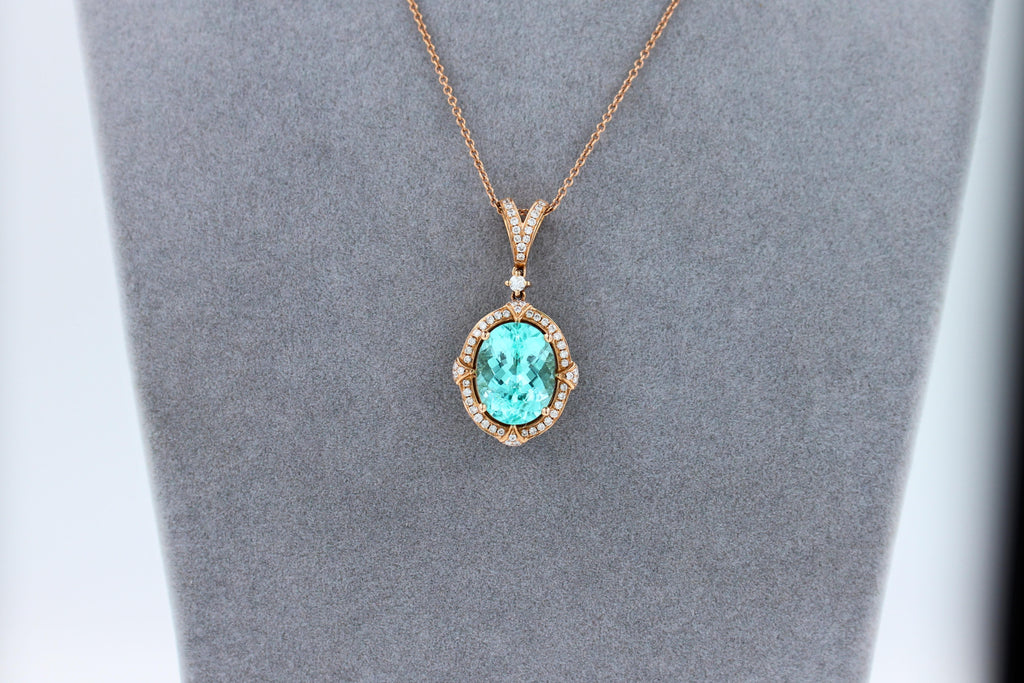 Teal Paraiba Tourmaline Diamond Halo Unique 18 Karat Rose Gold Pendant Necklace