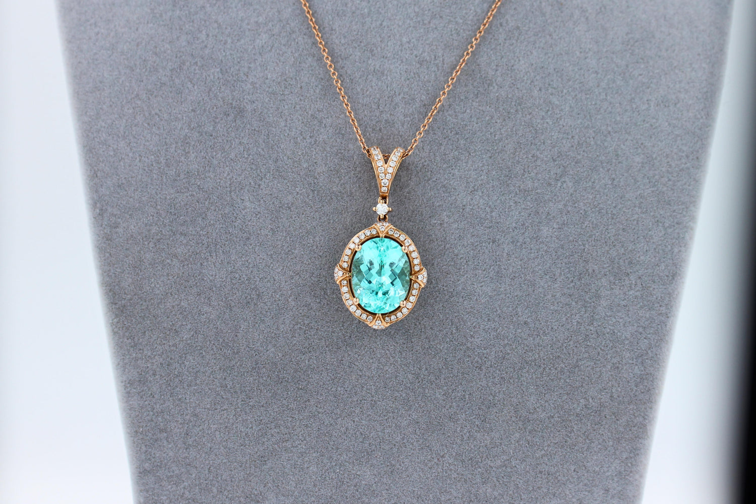 Teal Paraiba Tourmaline Diamond Halo Unique 18 Karat Rose Gold Pendant Necklace