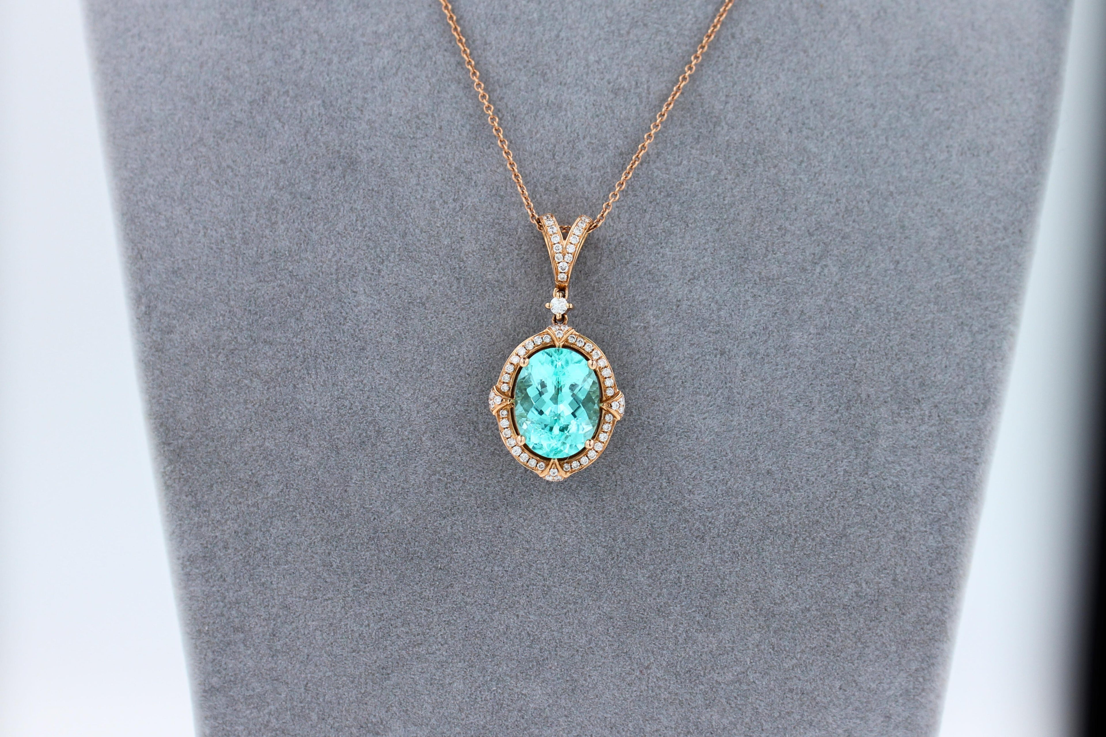 Teal Paraiba Tourmaline Diamond Halo Unique 18 Karat Rose Gold Pendant Necklace