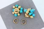 Blue Turquoise Diamonds Golden Sphere Bells Motif Two Tone Gold Huggie Earrings