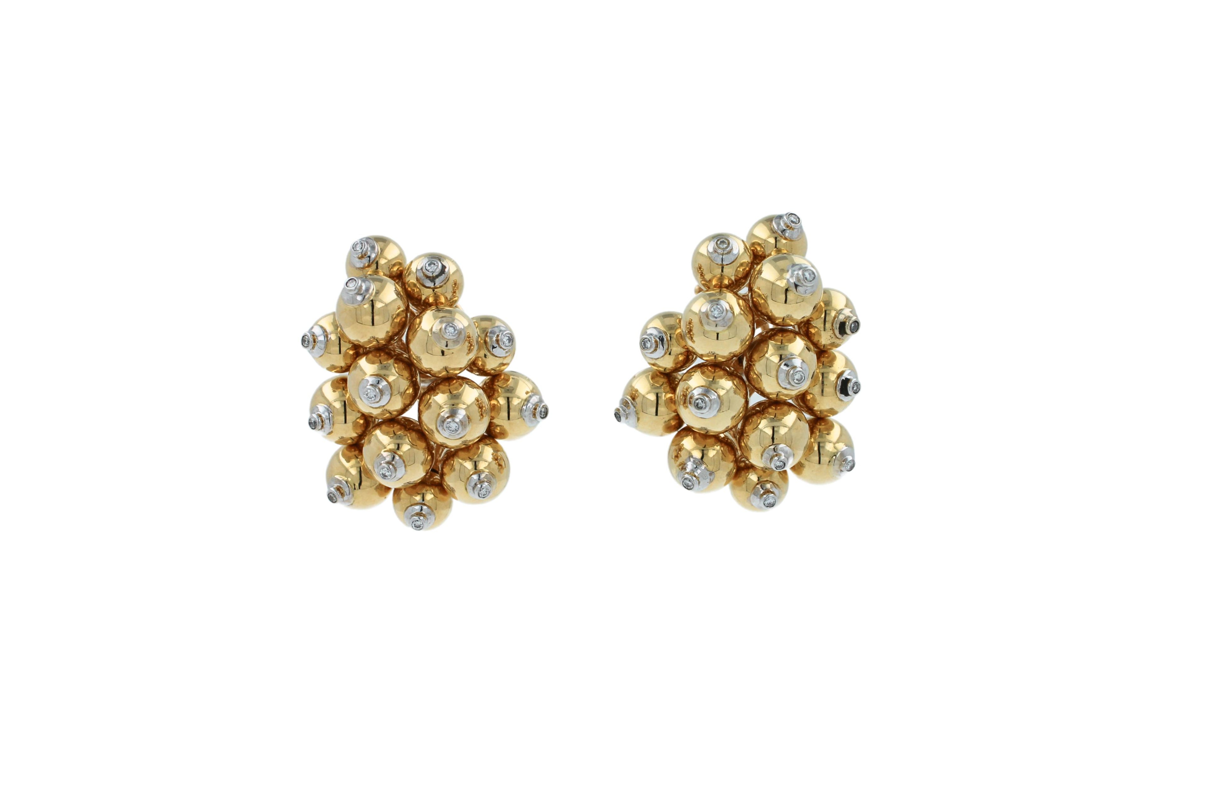 Diamonds Golden Spheres Gold Balls Geometric Bells Motif 18K Gold Earrings
