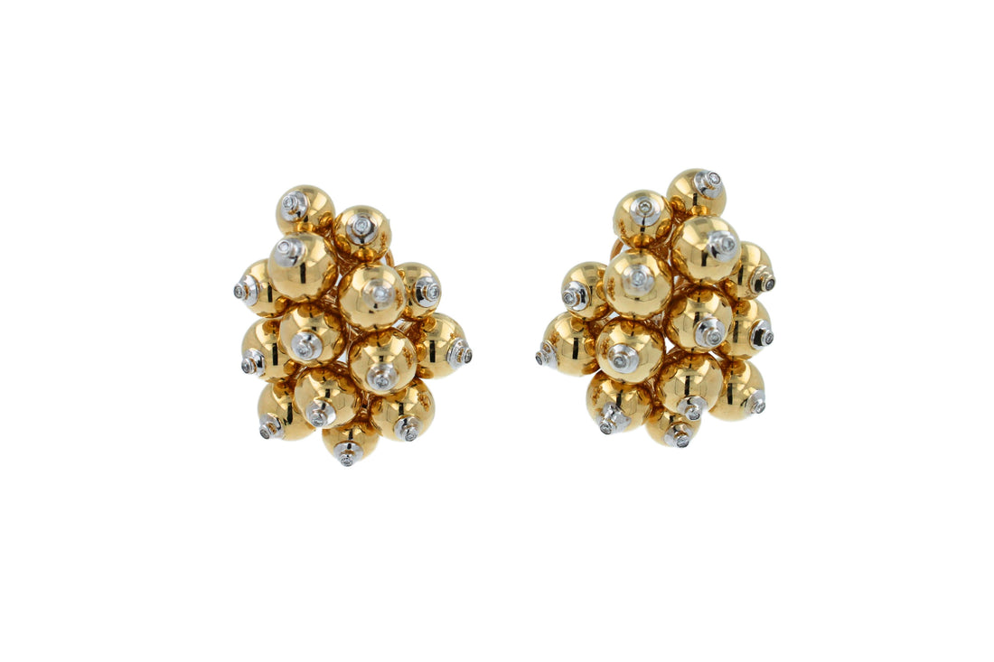Diamonds Golden Spheres Gold Balls Geometric Bells Motif 18K Gold Earrings