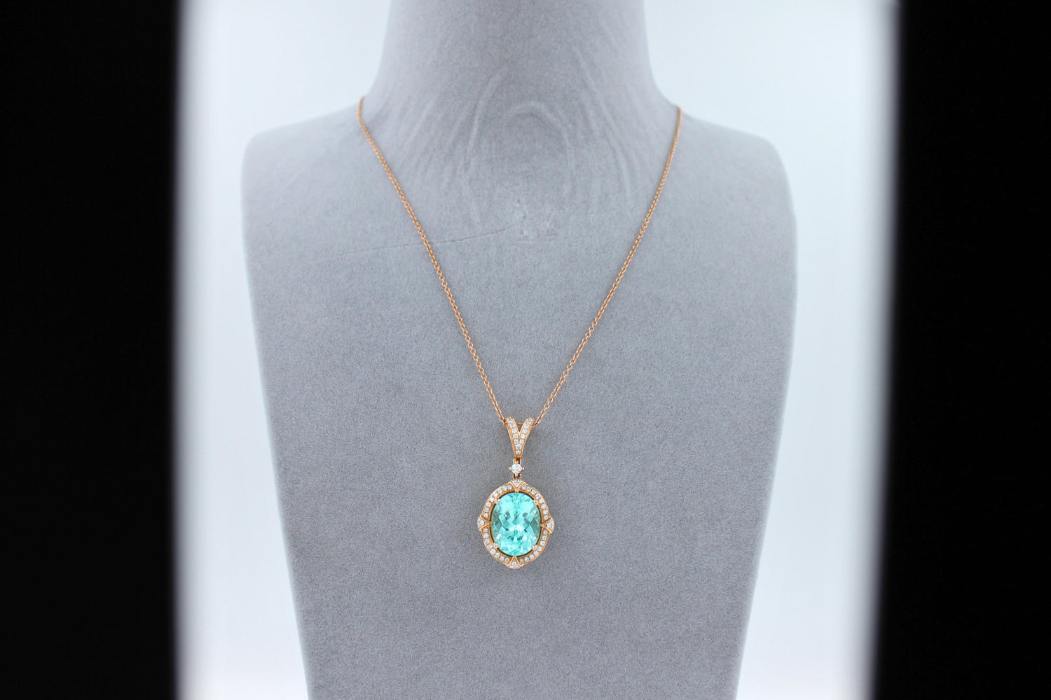 Teal Paraiba Tourmaline Diamond Halo Unique 18 Karat Rose Gold Pendant Necklace
