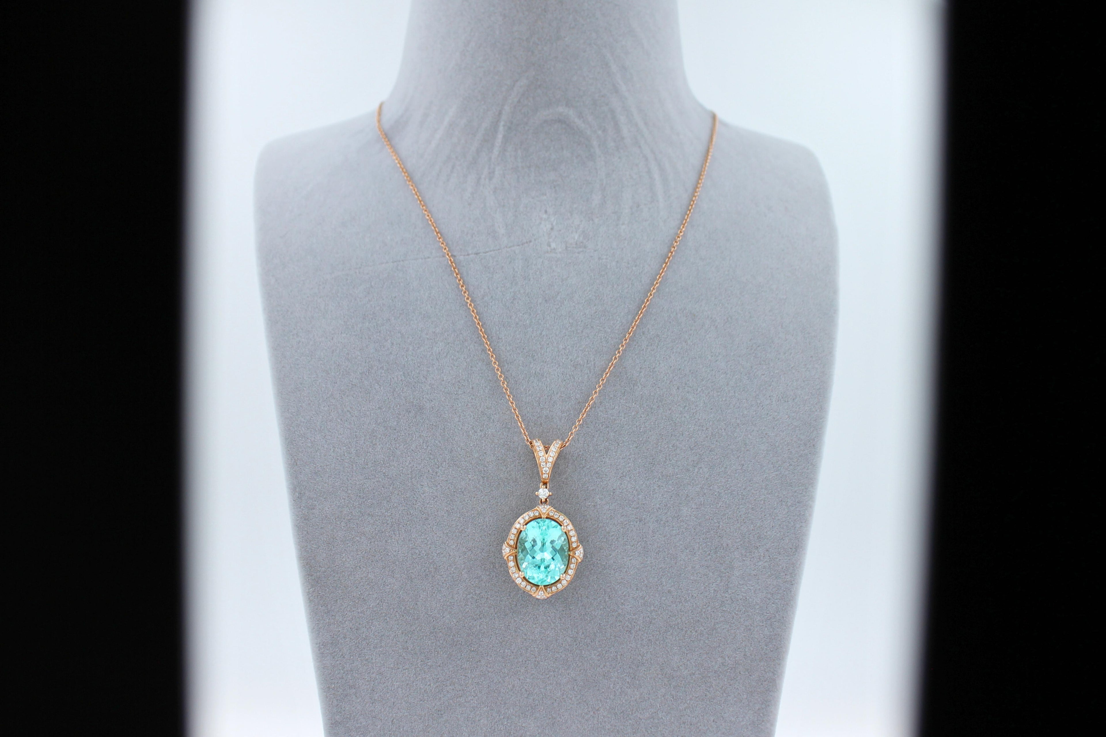 Teal Paraiba Tourmaline Diamond Halo Unique 18 Karat Rose Gold Pendant Necklace