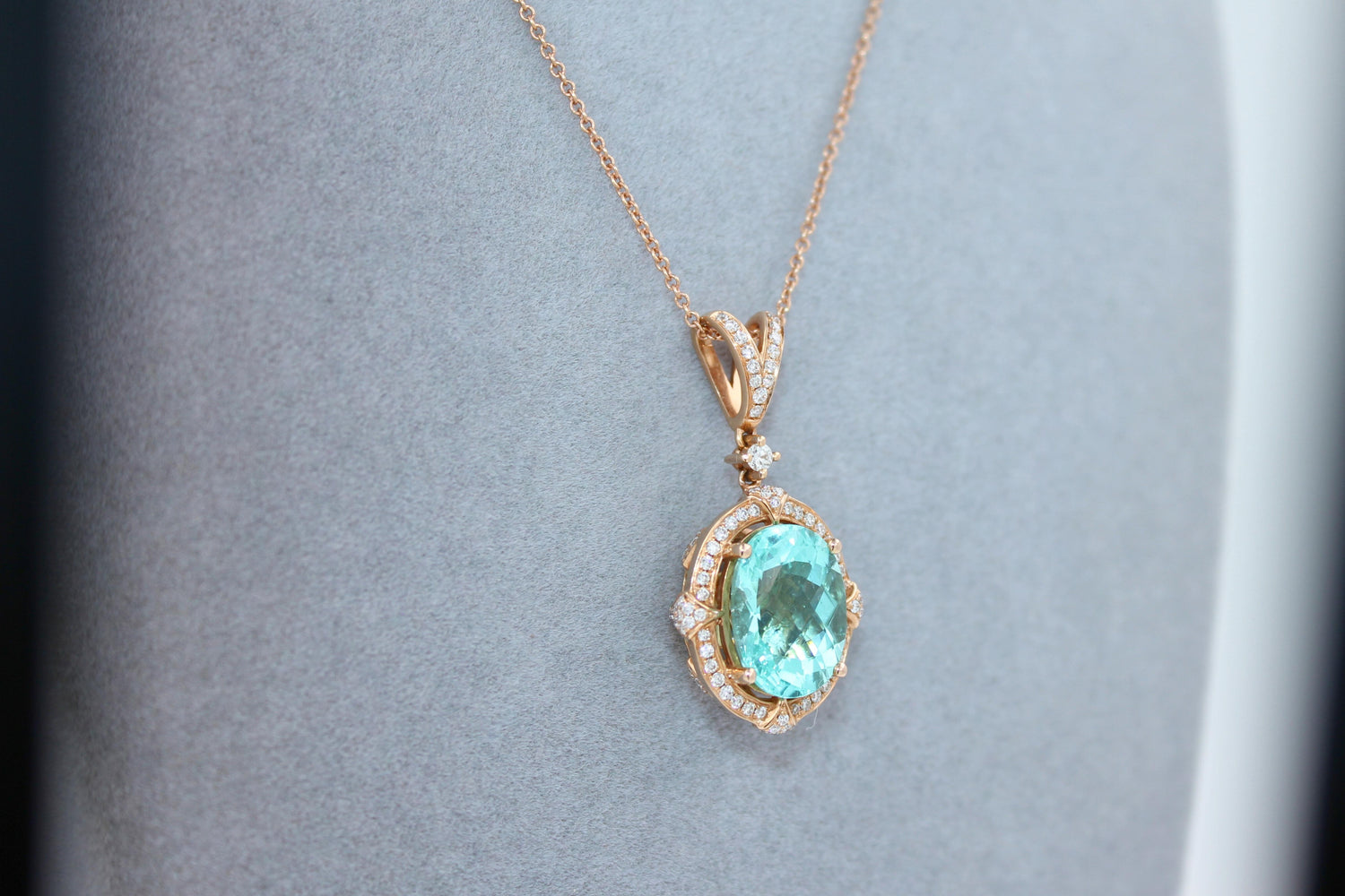 Teal Paraiba Tourmaline Diamond Halo Unique 18 Karat Rose Gold Pendant Necklace