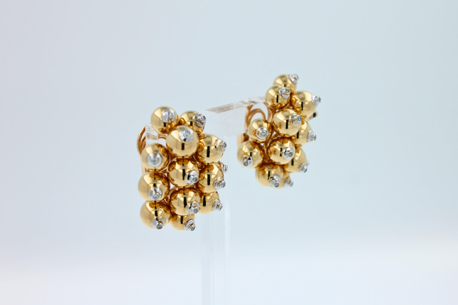 Diamonds Golden Spheres Gold Balls Geometric Bells Motif 18K Gold Earrings