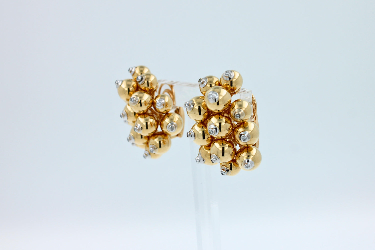 Diamonds Golden Spheres Gold Balls Geometric Bells Motif 18K Gold Earrings