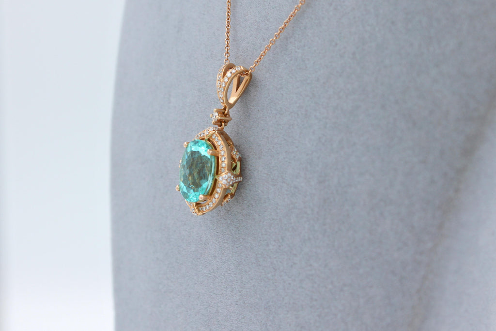 Teal Paraiba Tourmaline Diamond Halo Unique 18 Karat Rose Gold Pendant Necklace