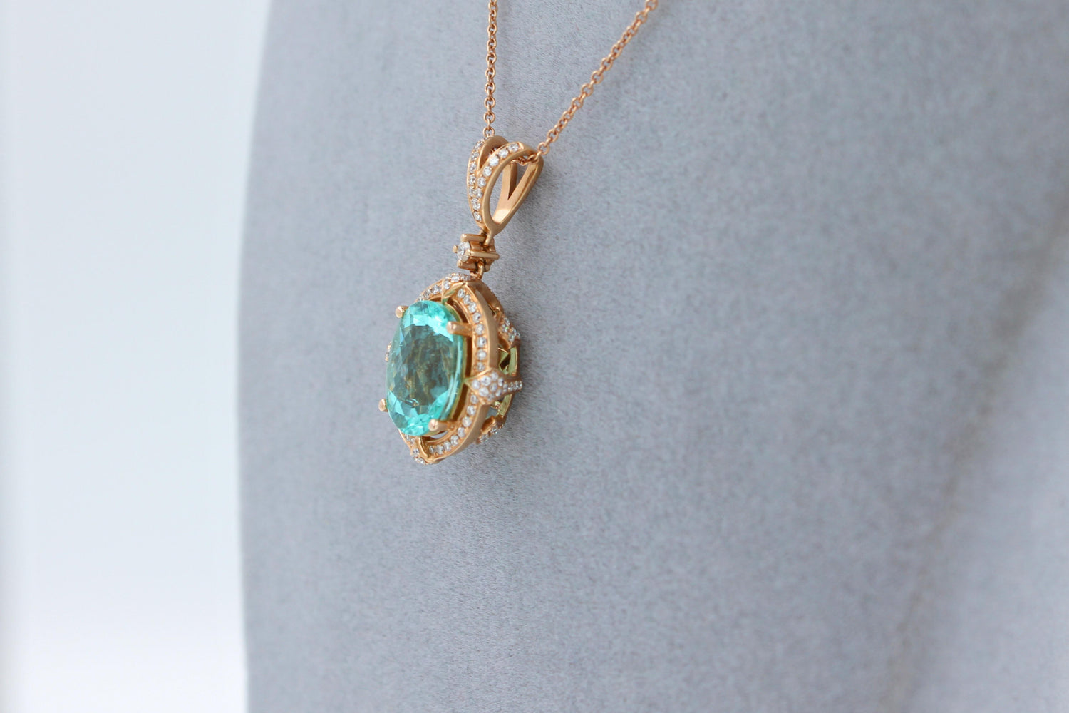 Teal Paraiba Tourmaline Diamond Halo Unique 18 Karat Rose Gold Pendant Necklace